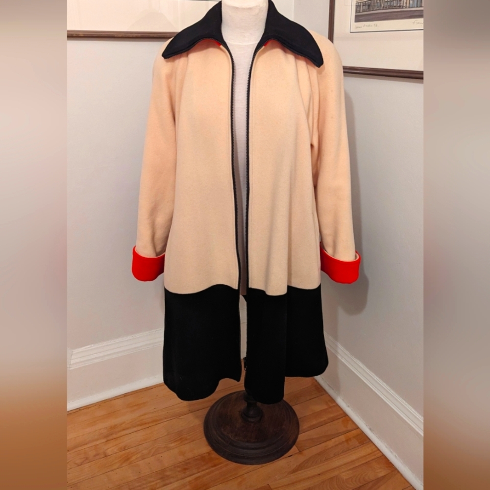 Elegant Women's Black and Cream Coat with Red Accents